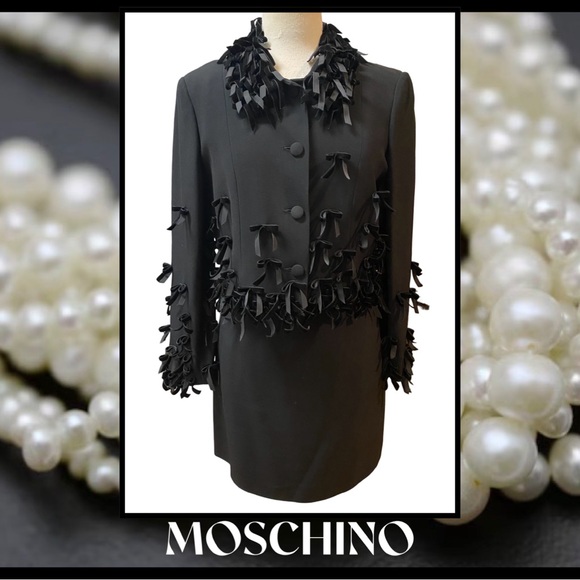 MOSCHINO Cheap & Chic 2pc Black Crepe Jacket Skirt w/Velvet Bows Sz 44/10 NEW - Picture 1 of 13